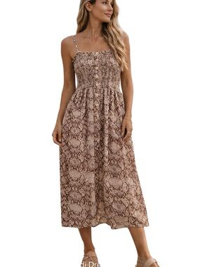 Angie Smocked Snake-Print Midi Dress Large Boho Brown Neutral